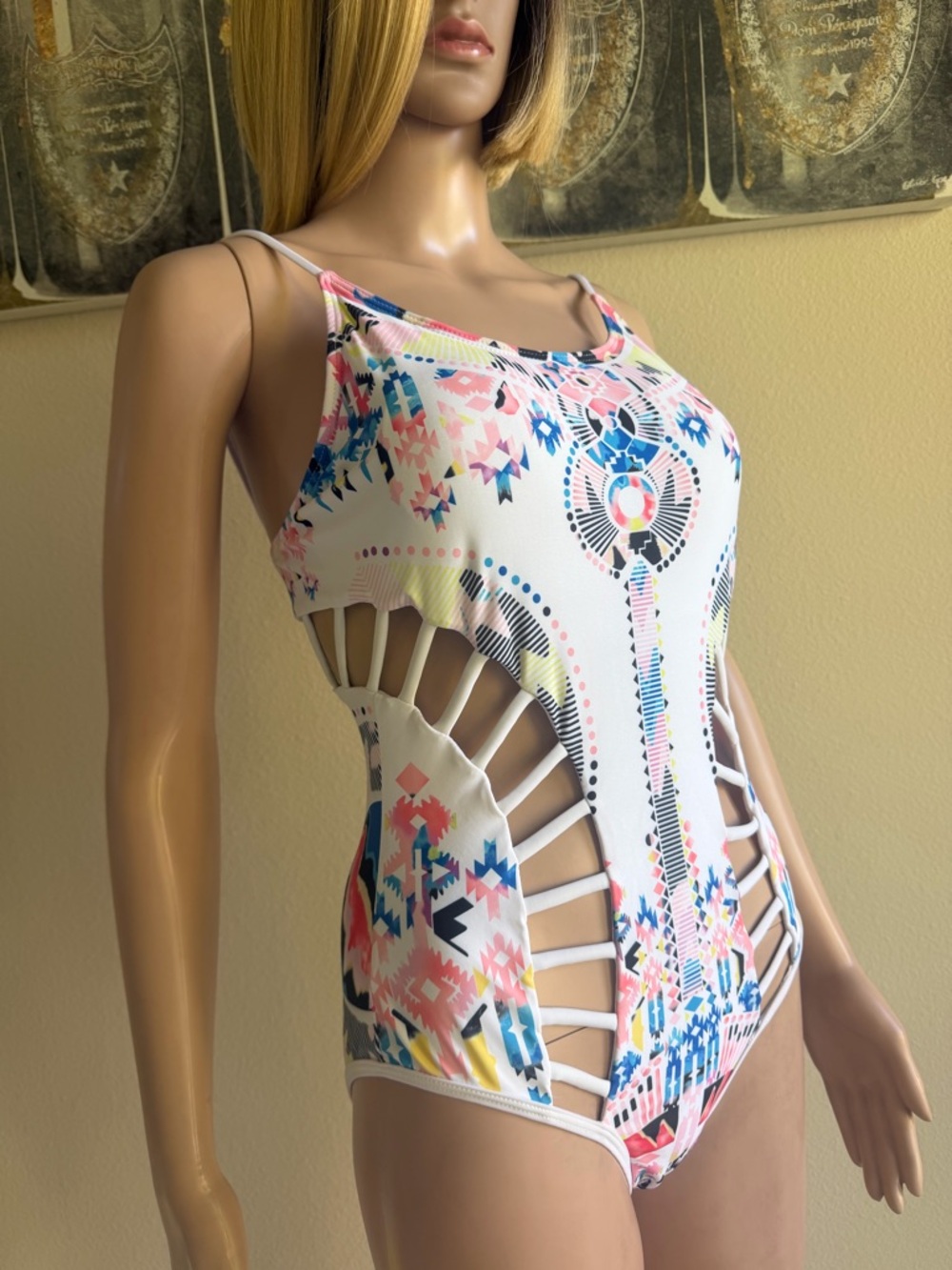 White Multi-Color Cutout One-Piece Swimsuit